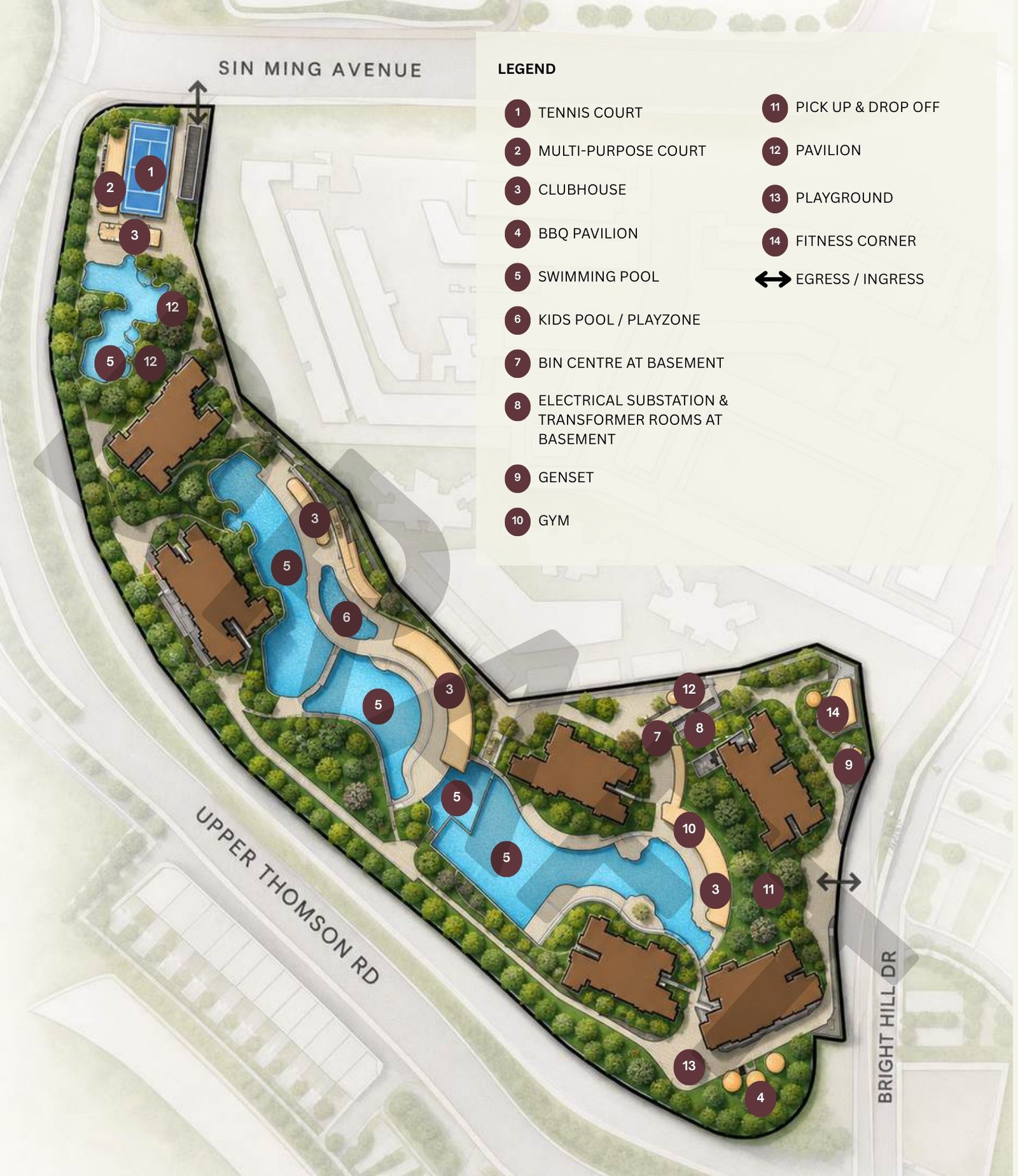 Thomson Reserve draft site plan with numbered legend: tennis court, multi-purpose court, clubhouse, BBQ pavilion, swimming pools, kids pool and playzone, gym, pavilions, playground and fitness corner, across six residential towers between Upper Thomson Road, Sin Ming Avenue and Bright Hill Drive