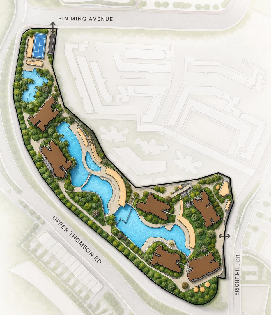 Thomson Reserve draft site plan showing six residential towers, swimming pools, tennis court, clubhouse and landscaping between Upper Thomson Road, Sin Ming Avenue and Bright Hill Drive